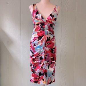 Cache Satin Flora Print Sleeveless Cocktail Dress